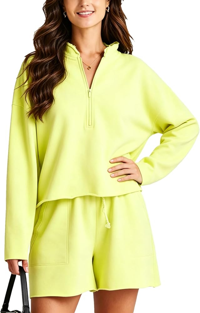 Women's 2 Piece Outfits Casual Quarter Zip Long Sleeve Pullover and Drawstring Shorts Lounge Set | Amazon (US)