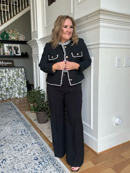 Wearing a 12 in the pants. 
Size L in the jacket 
Size large in the blouse. 

Black and white at loft!!! From workwear to casual 
These are all beautiful pieces. Graduations, showers, Mother’s Day, Easter, work outfit 

#LTKover40 #LTKworkwear #LTKfindsunder100