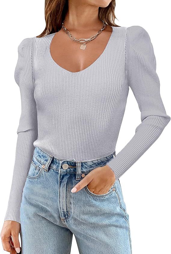 Zeagoo V Neck Sweaters for Women 2023 Casual Puff Sleeve Pullover Sweater Solid Soft Slim Fit Jum... | Amazon (US)
