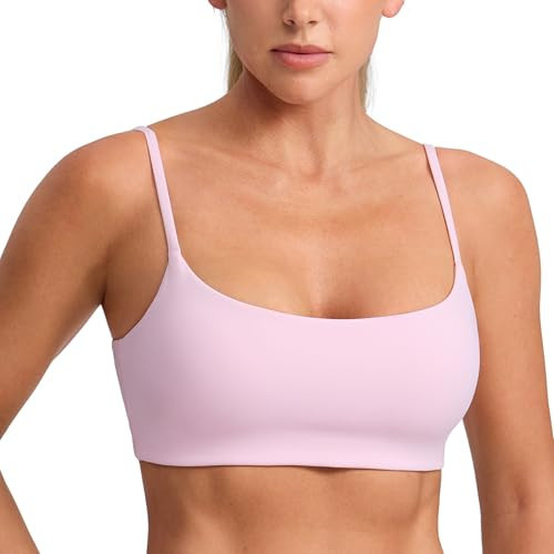 CRZ YOGA Butterbreeze Scoop Neck Sports Bras for Women - Spaghetti Straps Wireless Workout Padded Gym Cami Top Strawberry Pink Medium | Amazon (US)