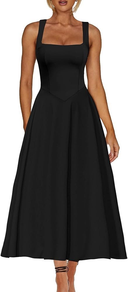 Kaximil Women's Square Neck Sleeveless A Line Maxi Dress Smocked Ruffle Flowy Casual Long Dresses | Amazon (US)