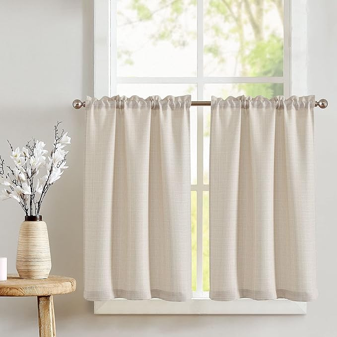 jinchan Kitchen Curtains 36 Inch Tier Curtains for Living Room Heathered Beige Linen Textured Caf... | Amazon (US)