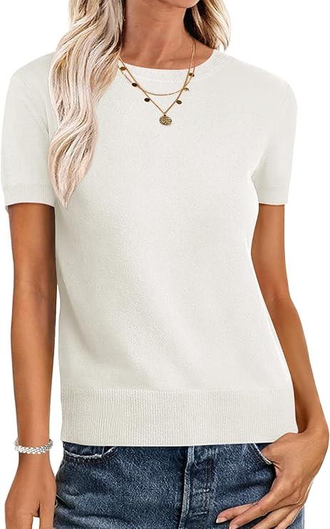 ANRABESS Womens Short Sleeve Sweaters Wool Blend Crew Neck Sweater Shirts Business Casual Work To... | Amazon (US)