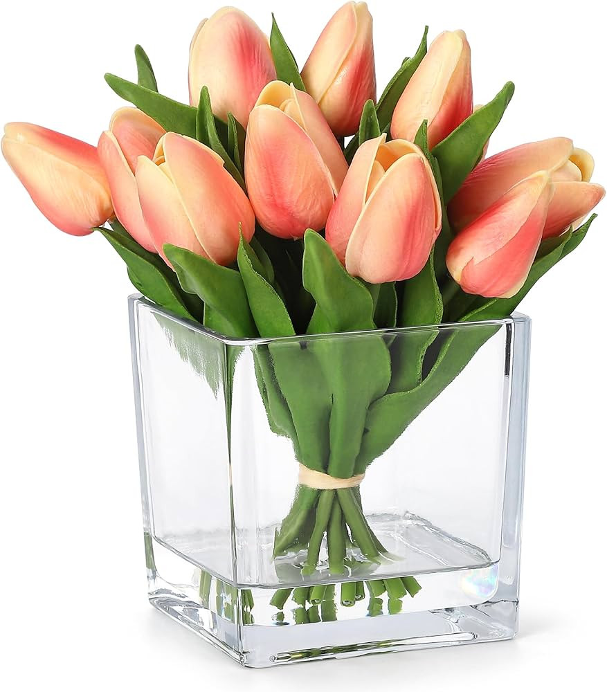 Orange Tulip Artificial Flowers with Glass Vase, Silk Faux Tulip Flower Arrangement with Faux Wat... | Amazon (US)
