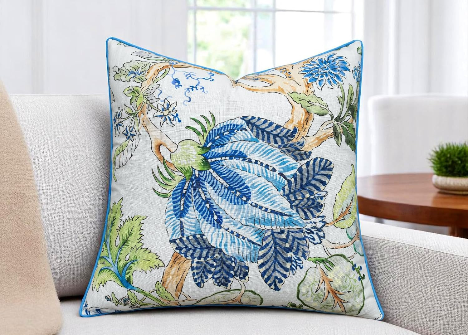 VAGMINE Chinoiserie Floral 20x20 Inch Throw Pillow Cover - Blue Green Botanical Print On Textured... | Amazon (US)