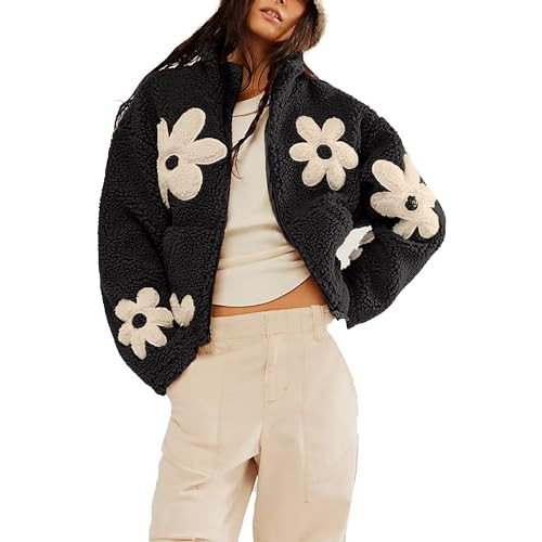 Maixang Womens Floral Print Sherpa Fleece Jackets Winter Zipper Cropped Coat Casual Long Sleeve O... | Amazon (US)