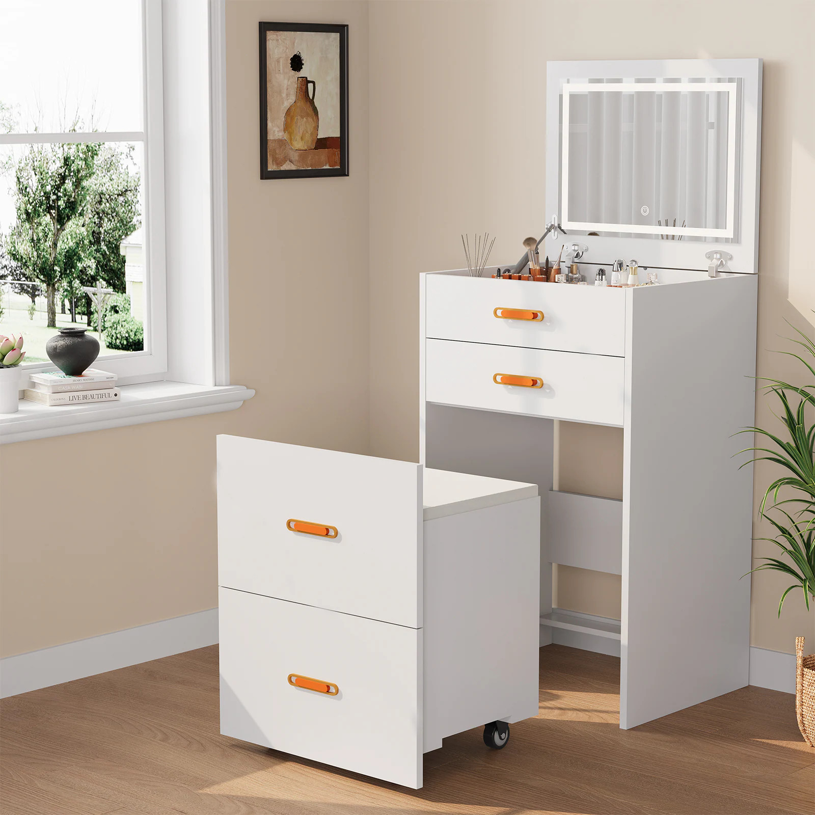 Garvee 31.5-in White 3 in 1 Vanity Compact Vanity with 3 Drawers Makeup Desk with Flip-up 3 Colors Lighting Mirror and Cushioned Stool Small Vanities | Lowe's