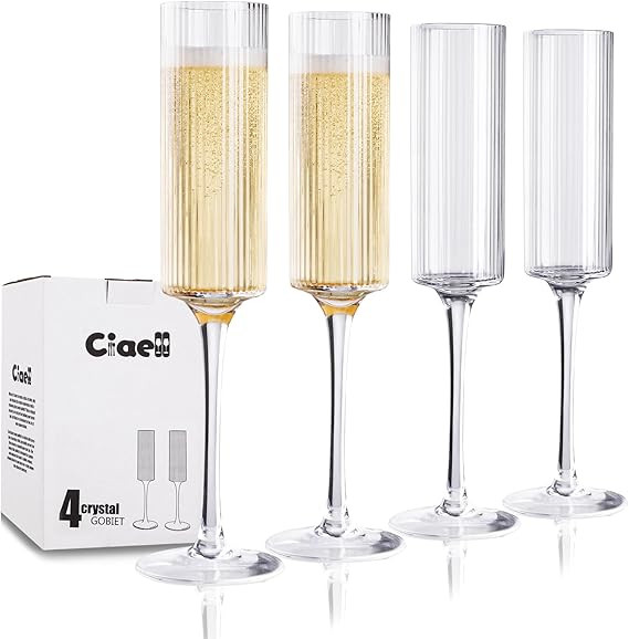 Ciaell Champagne Flutes Set of 4 - Vintage Ribbed Crystal Hand Blown Champagne Glasses With Long ... | Amazon (US)