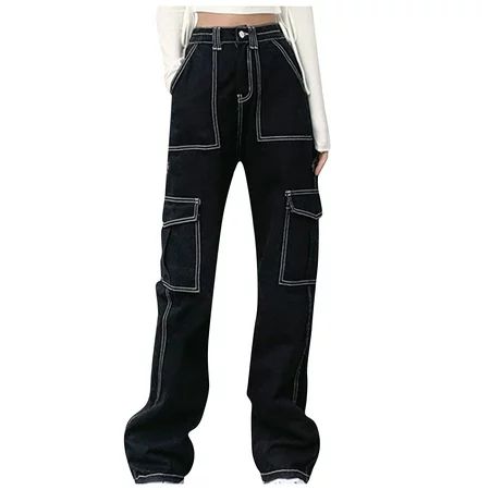 Youmylove Spring Autumn Denim Pants For Women Loose High Waist Solid Color Black Wash Cargo Trousers | Walmart (US)