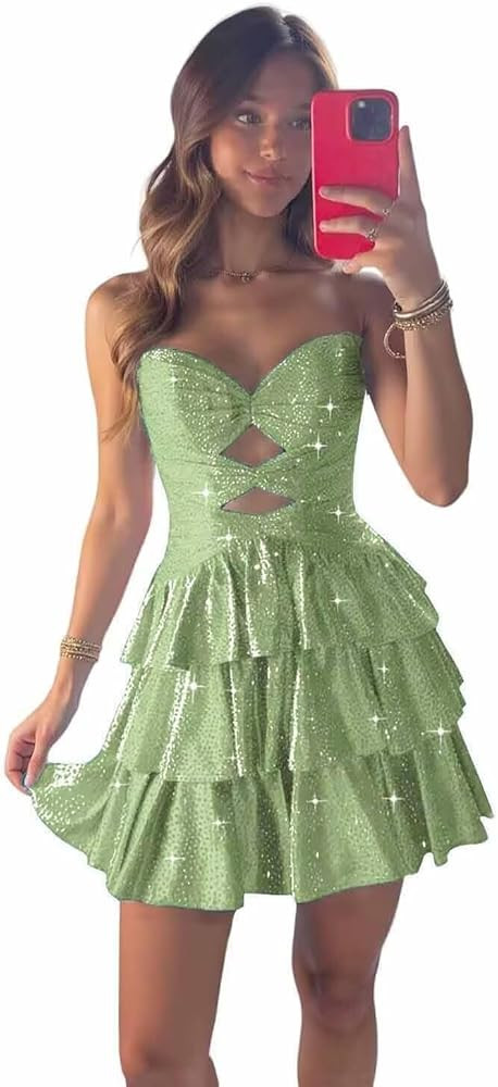 Sparkly Sequin Tiered Homecoming Dresses for Teens 2025 Cut Out Mini Prom Dress Strapless Cocktai... | Amazon (US)