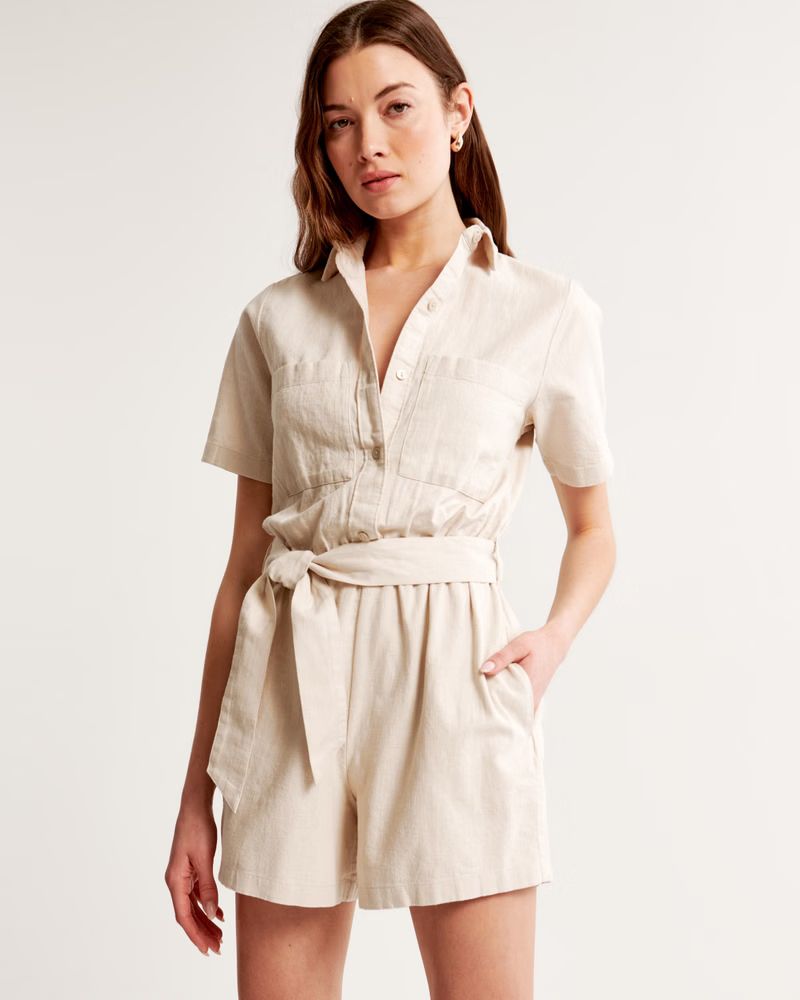 Women's Short-Sleeve Linen-Blend Romper | Women's New Arrivals | Abercrombie.com | Abercrombie & Fitch (US)