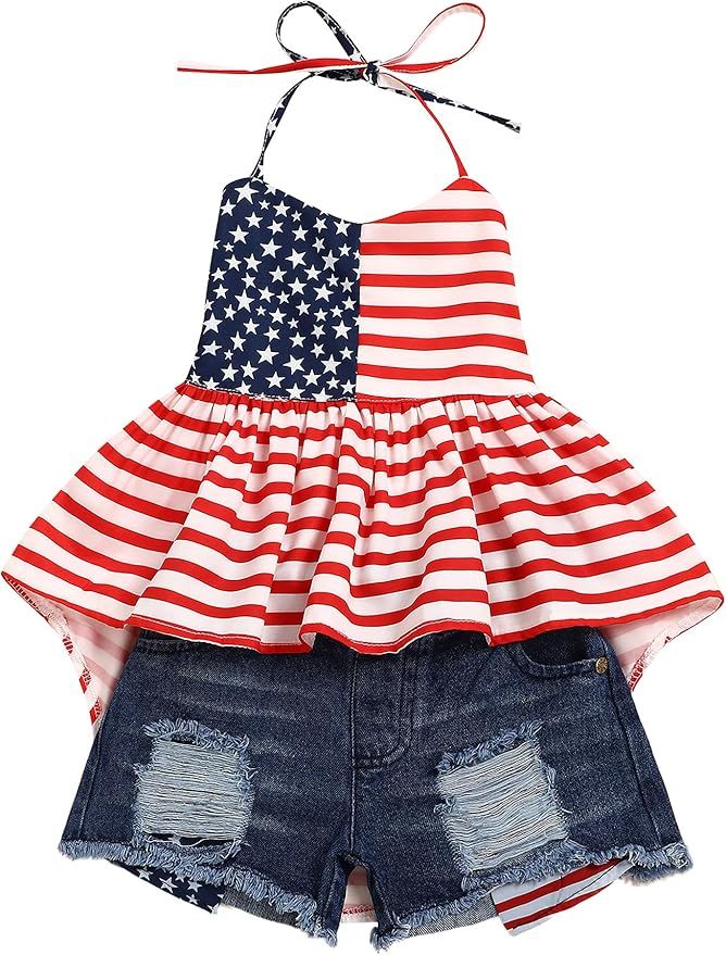 bilison 4th of July Toddler Girls Summer Outfits American Star Strap Backless Top Short Jeans Ind... | Amazon (US)