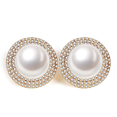Guptue S925 Silver needles Pearl button stud earrings cultured freshwater pearl Cubic zirconia stud Earrings Birthday Gifts Women's Stud Earrings | Amazon (US)