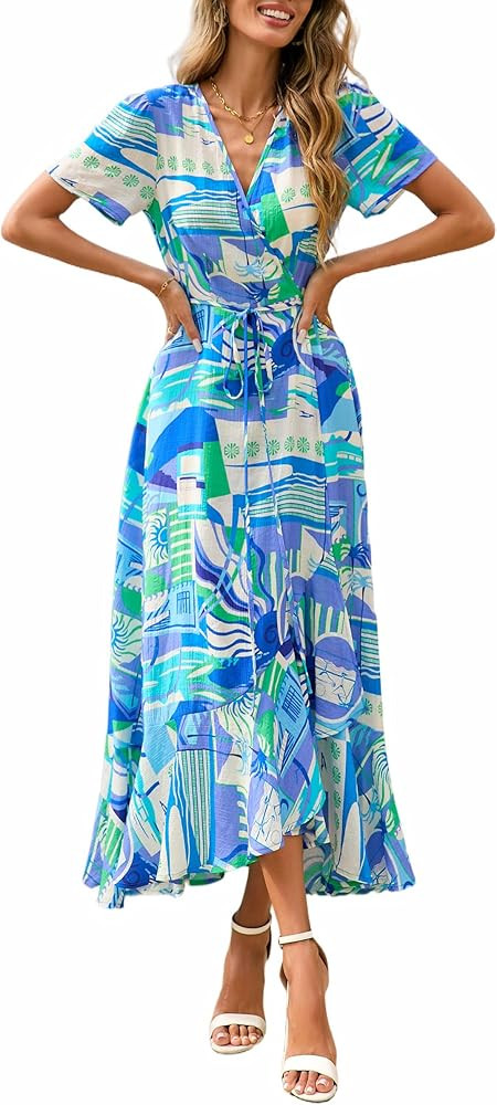 PRETTYGARDEN Women's Boho Floral Maxi Dress Summer Short Sleeve Wrap V Neck Long Flowy Beach Vaca... | Amazon (US)