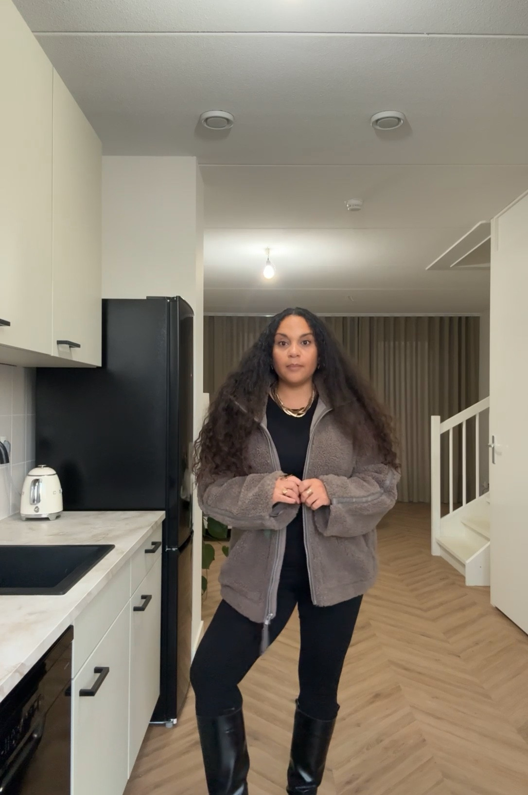 H&M fall outfit, oversized teddy jacket S, cotton tights M, modalmix longsleeve S, micro top S, Fall boots #hm 

#LTKeurope #LTKnederlands #LTKautumn