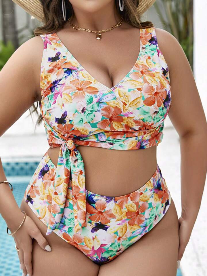 Plus Floral Print Knot Side Bikini Swimsuit | SHEIN