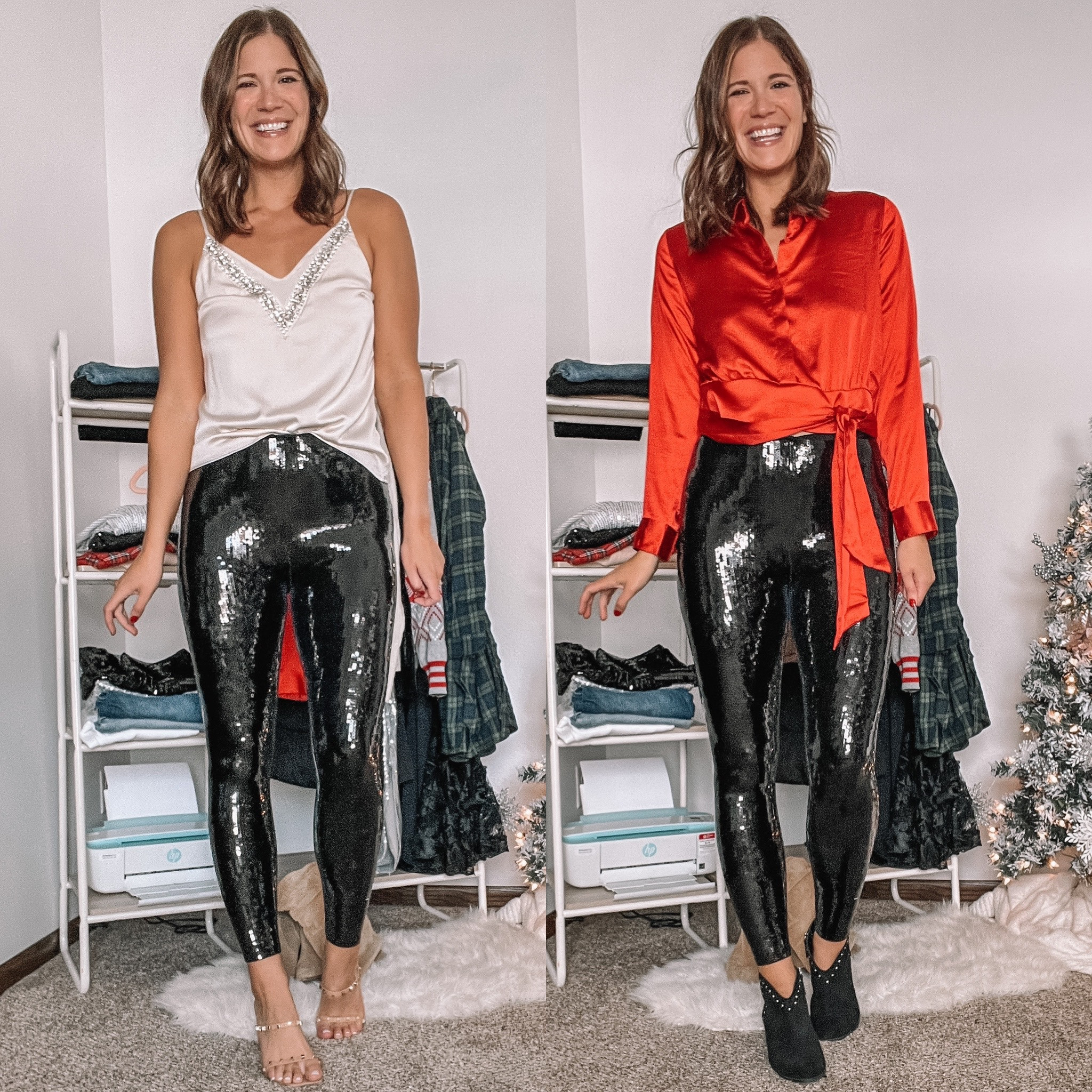 Sequin leggings two ways / sequin pants / how to style sequin leggings / embellished camisole / red satin top / holiday outfits / Christmas outfits 

#LTKHoliday #LTKCyberweek #LTKSeasonal
