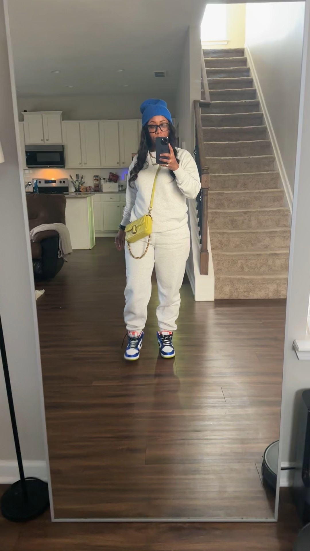 Oversized fleece sweatshirt with matching fleece joggers. I styled this sweatsuit with a blue beanie, green crossbody purse, and blue Nike dunk high sneakers.

#LTKFindsUnder50 #LTKootd #LTKPetite