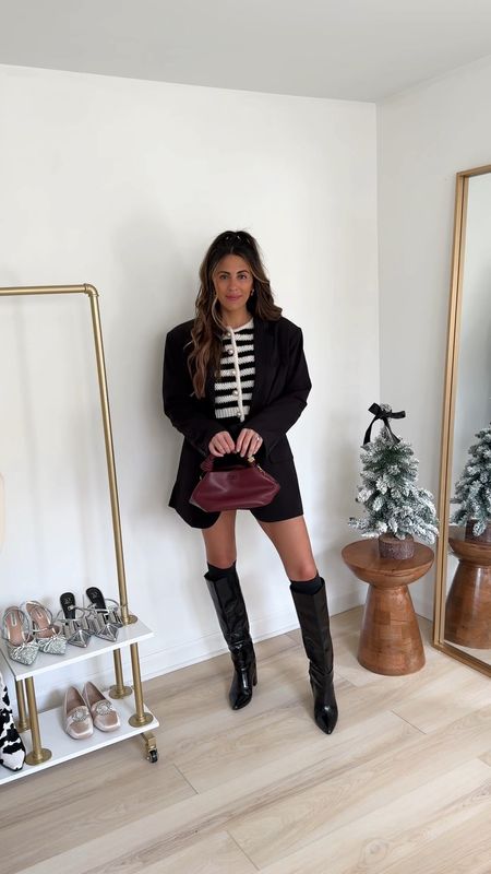 Preppy euro girly: black mini skirt (small, striped sweater from Amazon (small) oversized blazer (small) and a pop of red burgundy with the bag

Euro style | preppy style | Amazon finds | chic elevated outfits | blazer outfit | boot outfit 

#LTKSeasonal #LTKVideo #LTKfindsunder100