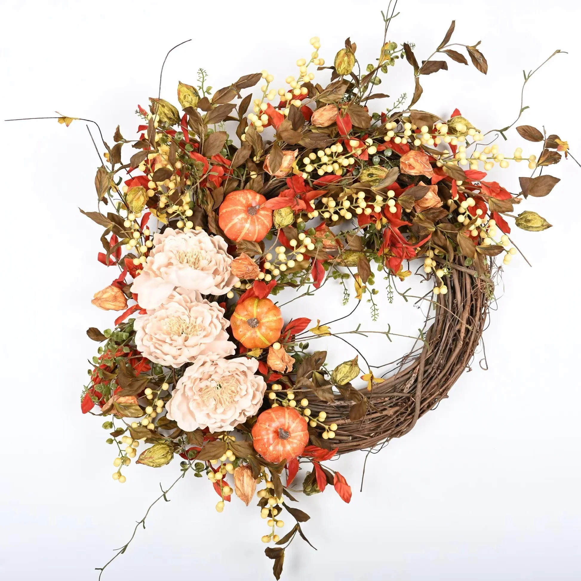 The Holiday Aisle® 26" Faux Fall Thanksgiving Day Pumpkin Peony Floral Wreath for Front Door & R... | Wayfair North America