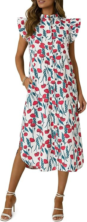 Wenrine Womens Summer Button Down Shirt Dress Casual Floral Rufffle Cap Sleeve Loose Beach Boho M... | Amazon (US)
