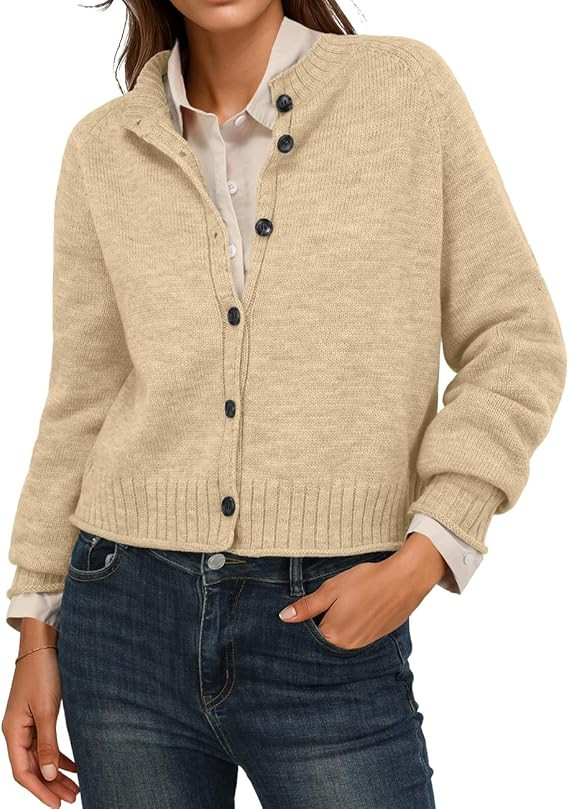 GRECERELLE Womens Cardigan Sweater Open Front Long Sleeve Crew Neck Button Down Knit Casual Jacke... | Amazon (US)