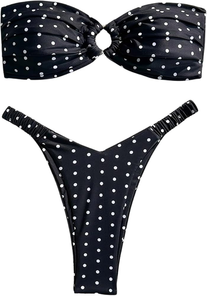 SweatyRocks Women's Polka Dots Bandeau Bikini Sets O Ring Cheeky Thong 2 Piece Swimsuit | Amazon (US)