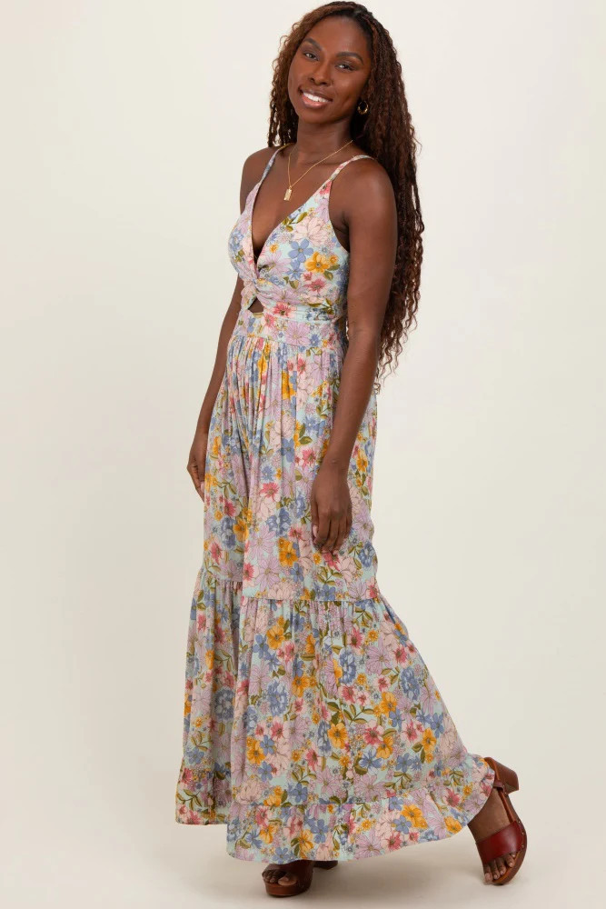 Mint Green Floral Twist Front Cutout Maxi Dress | PinkBlush Maternity