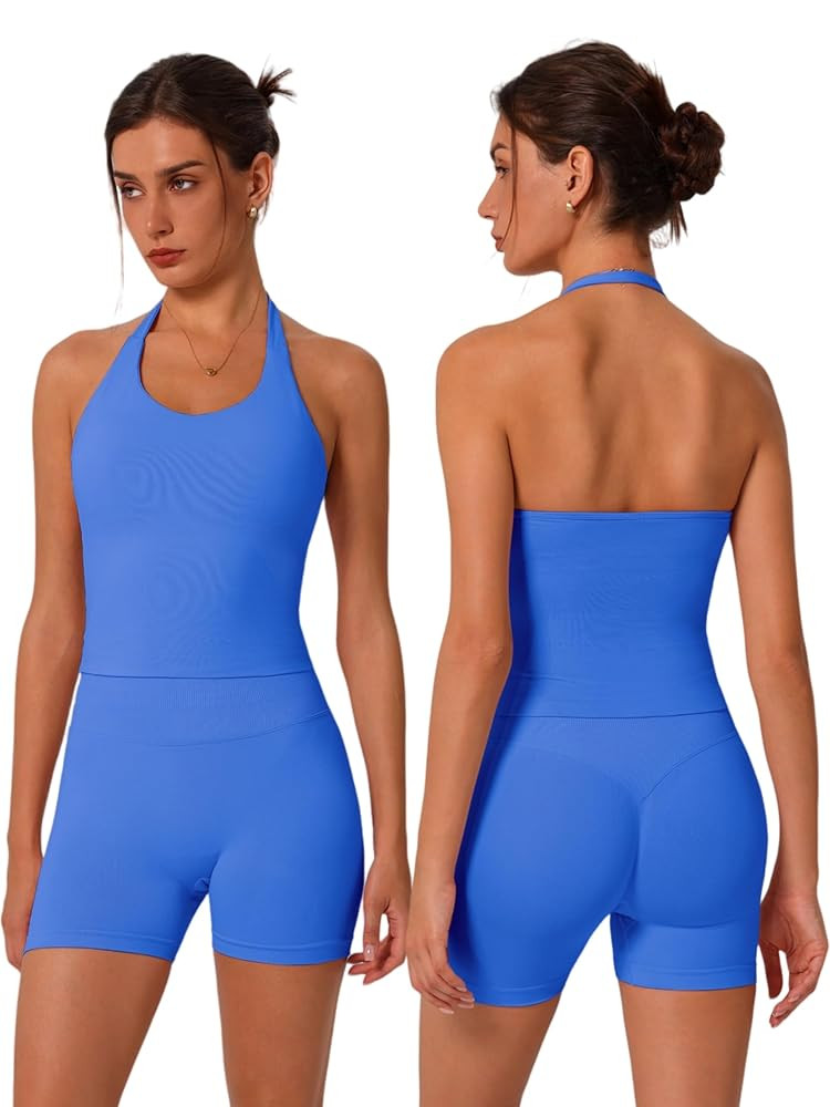 ABOCIW Workout Sets for Women 2 Piece seamless Halter Sports Bra Scrunch Butt Impact Shorts Gym Y... | Amazon (US)