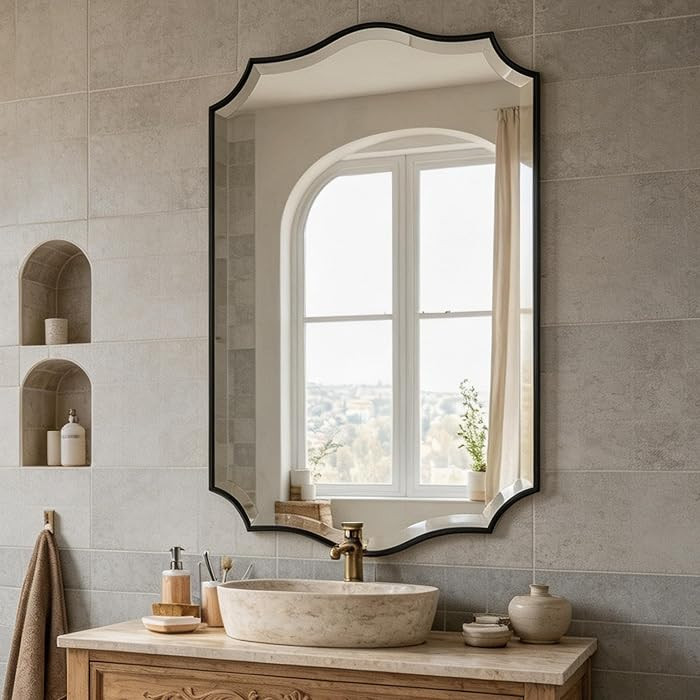 POZINO 48"x30" Premium Scalloped Beveled Bathroom Mirror for Over Sink | Amazon (US)