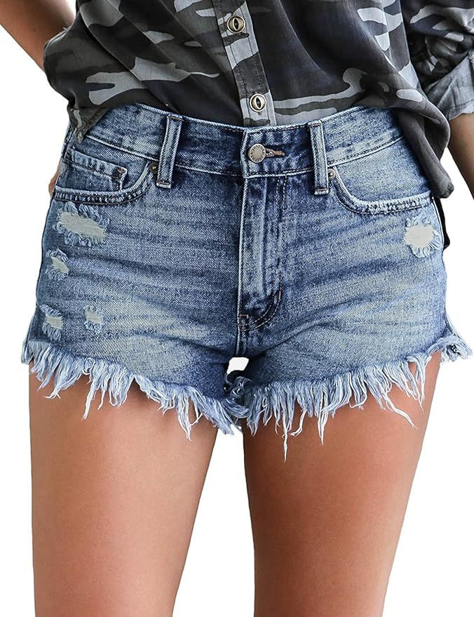 luvamia Women's Mid Rise Shorts Frayed Raw Hem Ripped Denim Jean Shorts | Amazon (US)