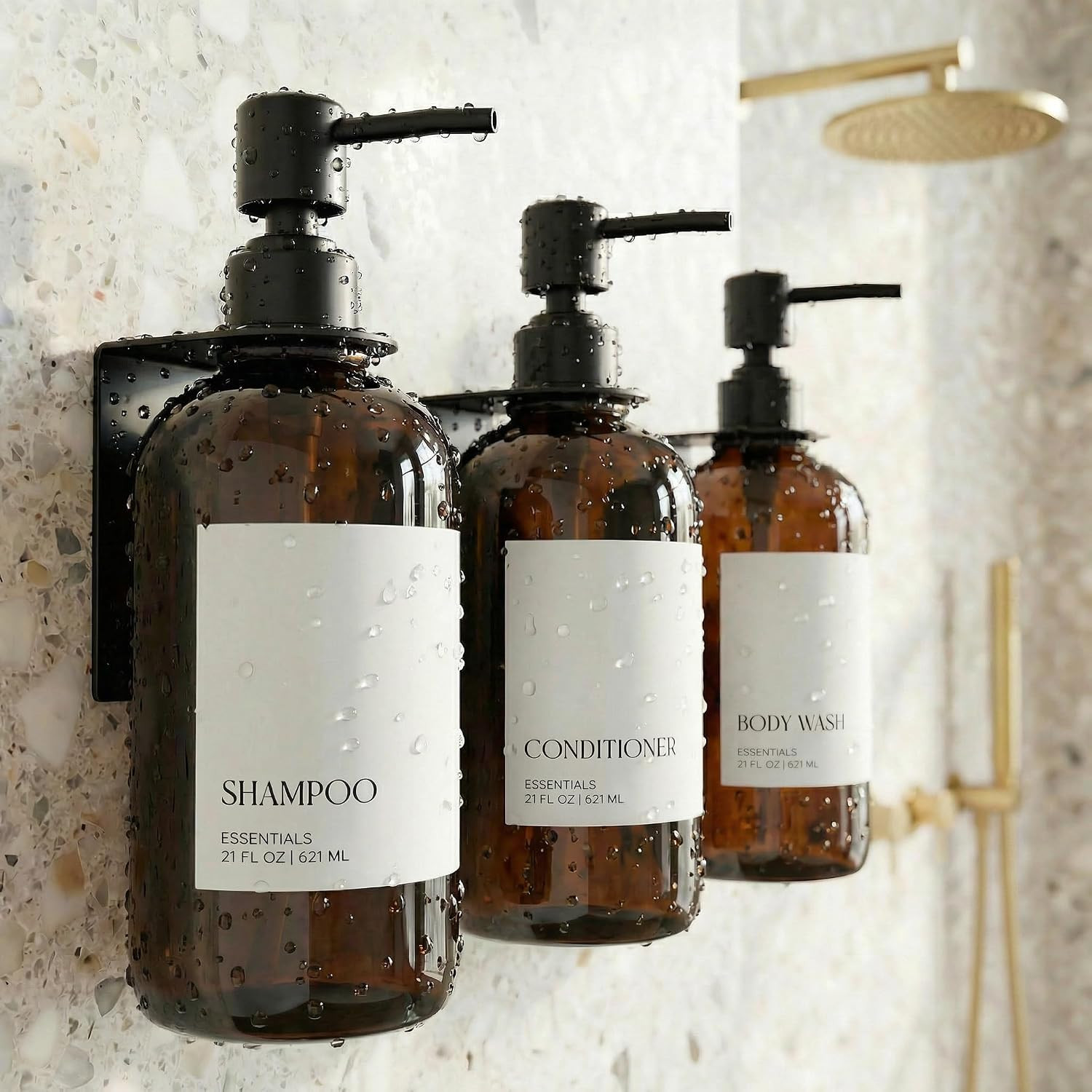 Stylish Shampoo and Conditioner Dispenser Set of 3 for Wall Mount - Modern Drill Free 21oz Shower Soap Bottles with Labels - Easy Refill Body Wash Dispensers for an Instant Bathroom Decor Upgrade | Amazon (US)