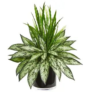 Silver Queen and Grass Artificial Plant in Black Vase | Bed Bath & Beyond