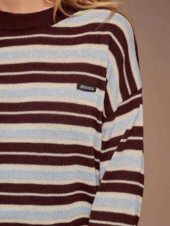 Muvela Blue & Coffee Color Block Striped Crew Neck Knit Sweater & Drawstring Waist Bowknot Shorts 2 Pieces Set, Vintage College Y2K Style, Suitable For Casual, Office, Summer Holiday, Beach, Date, Party, Graduation, Back To School | SHEIN
