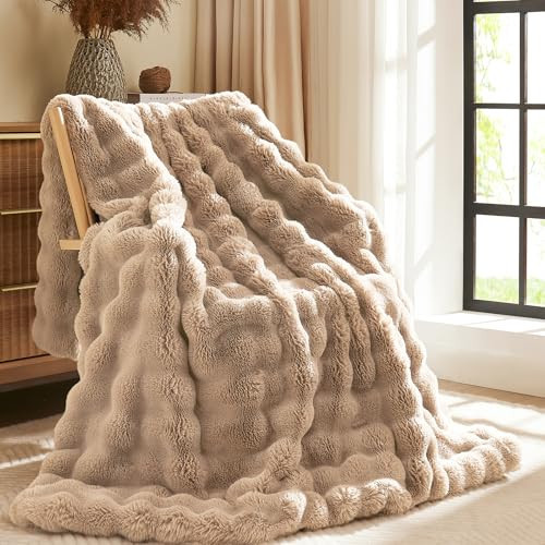 L'AGRATY Faux Fur Throw Blanket: 50" x 60" Luxury Soft Fluffy Rabbit Fur Blankets Twin for Couch Bed Sofa - Cozy Plush Bubble Blankets for Winter: Flannel Fleece Decorative Blanket(Light Linen) | Amazon (US)