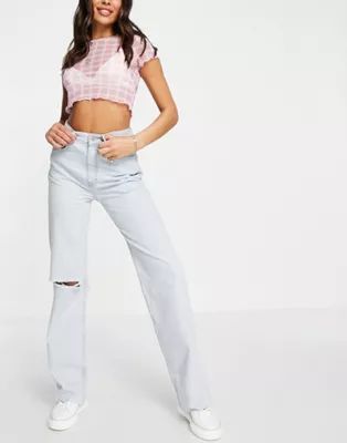 Pull&Bear 90's wide leg jeans with rip in light blue | ASOS (Global)