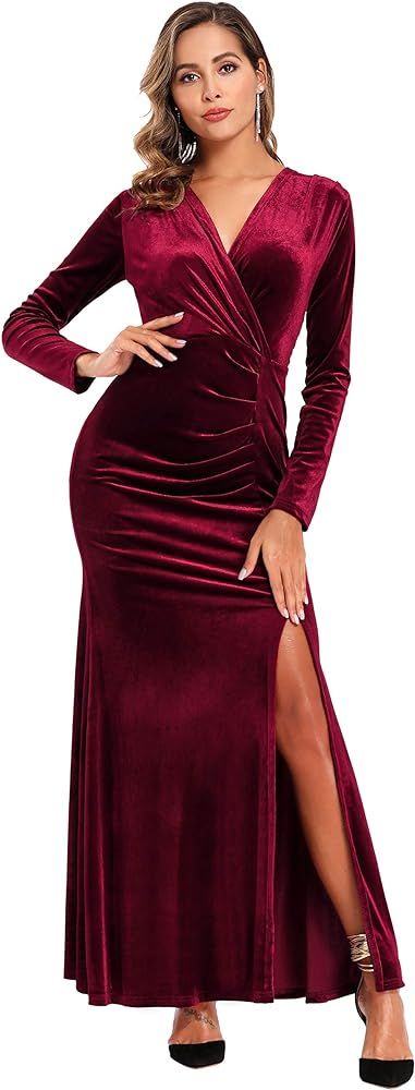 Ababalaya Long Sleeve Wrap Velvet Long Formal Dresses Cocktail Dress | Amazon (US)