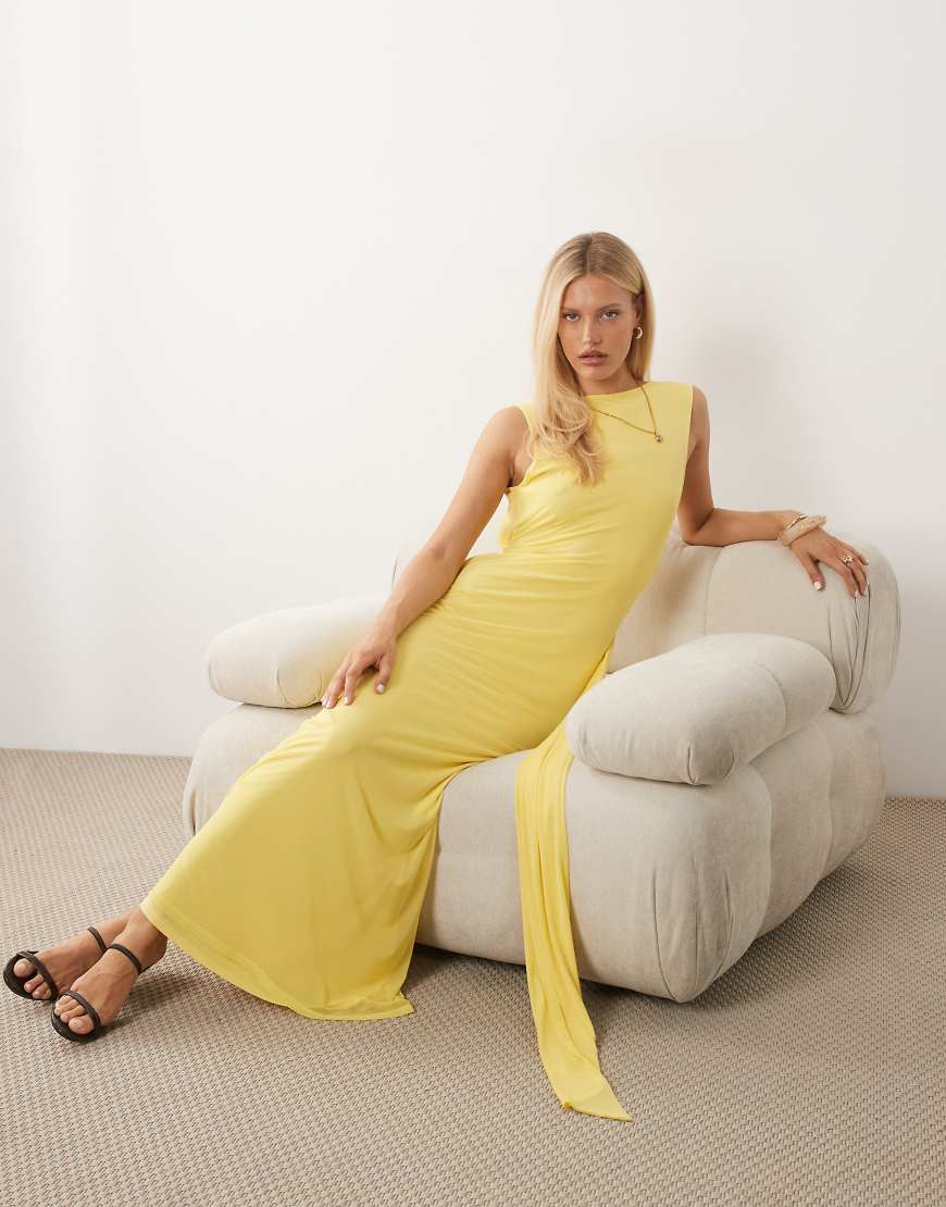 ASOS DESIGN backless detail mesh maxi dress with train sash in lemon-Yellow | ASOS (Global)