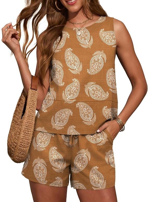 LOMON Women's Trendy 2 Piece Outfits Shorts Sets Summer Crew Neck Sleeveless Tank Top and Bottom ... | Amazon (US)