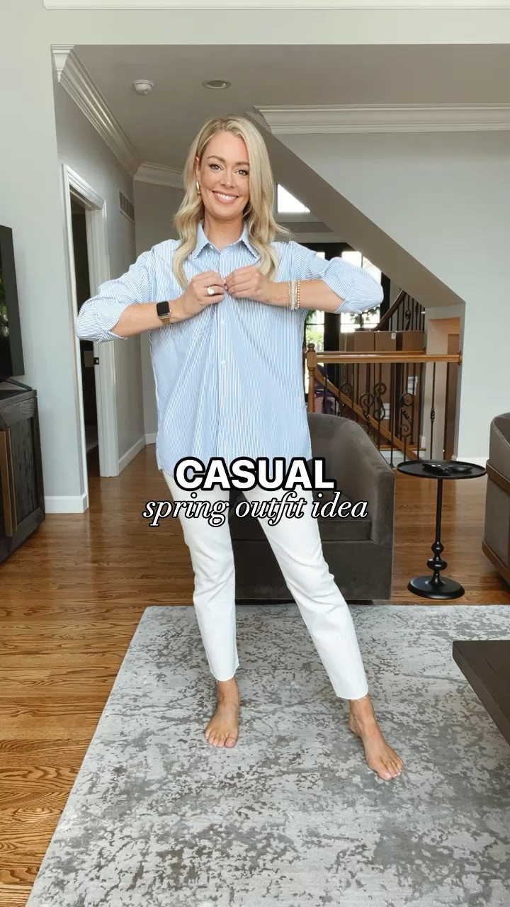 Wearing a small in the button down & 27 in the jeans (both fit true to size)

Casual outfit, spring outfit, Amazon button down, button down, striped button down, jeans, white jeans, sandals 

#LTKStyleTip #LTKFindsUnder50 #LTKSeasonal