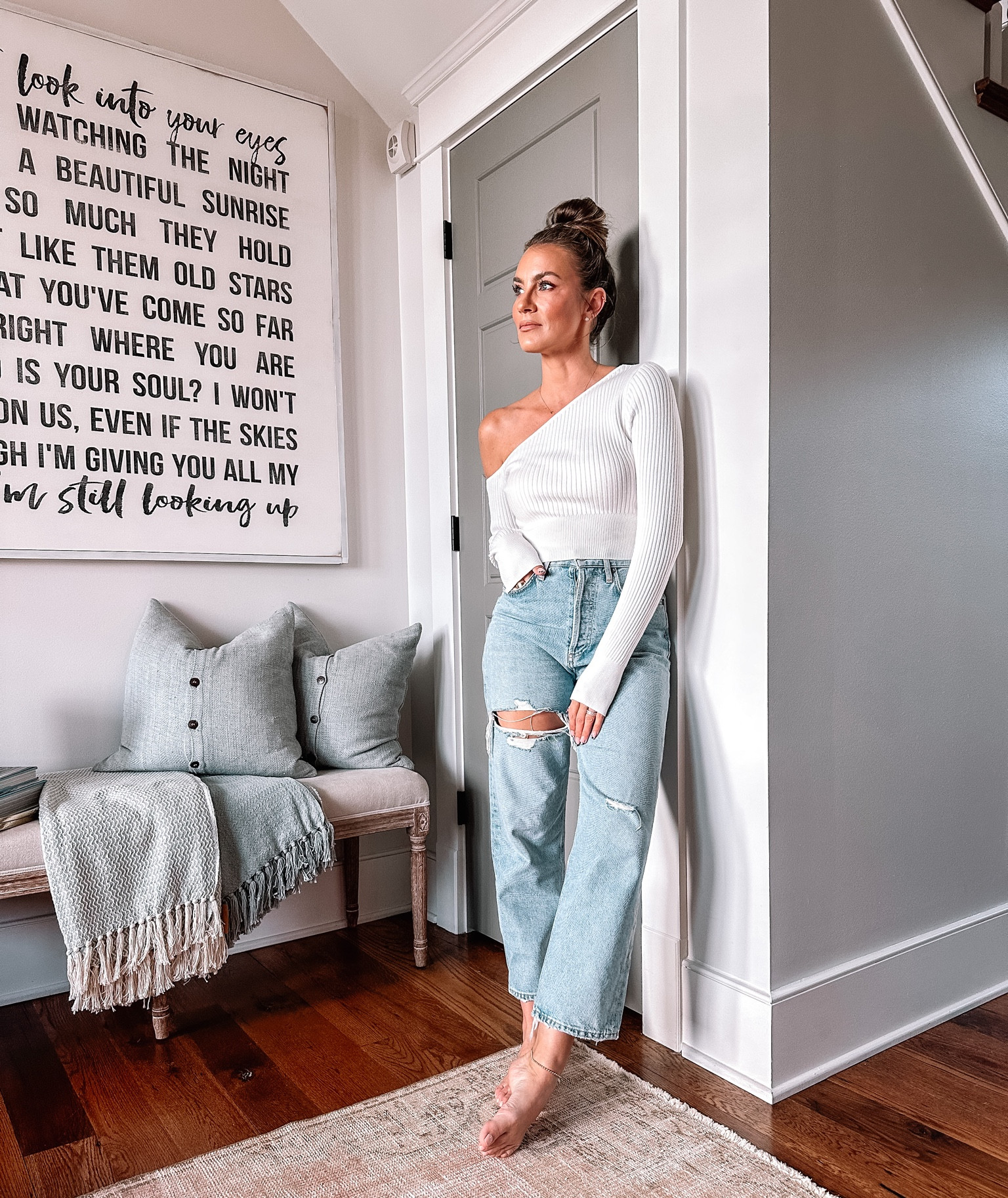 One shoulder top on sale for 25% off and jeans are 20% off. Wearing shirt in size Small and jeans in size 26. Perfect fall outfit for date night. 

#LTKsalealert #LTKSeasonal #LTKfindsunder50