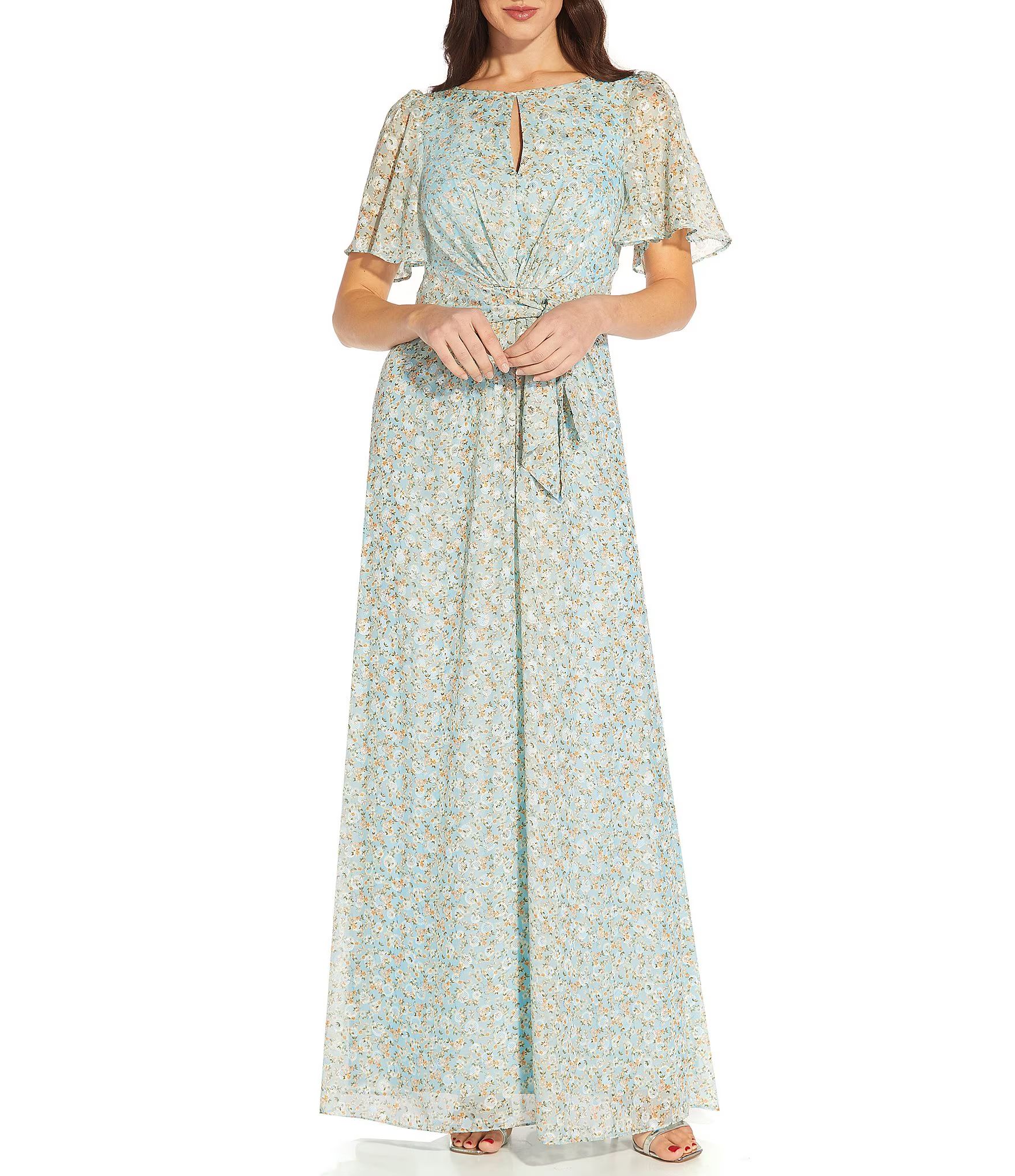 Floral Round Neck Short Flutter Sleeve Chiffon Tie A-Line Gown | Dillards