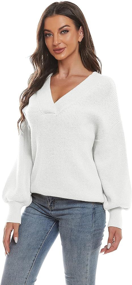 ISOMEI Women's V Neck Off Shoulder Sweater Long Sleeve Loose Pullover Knitted Top | Amazon (US)