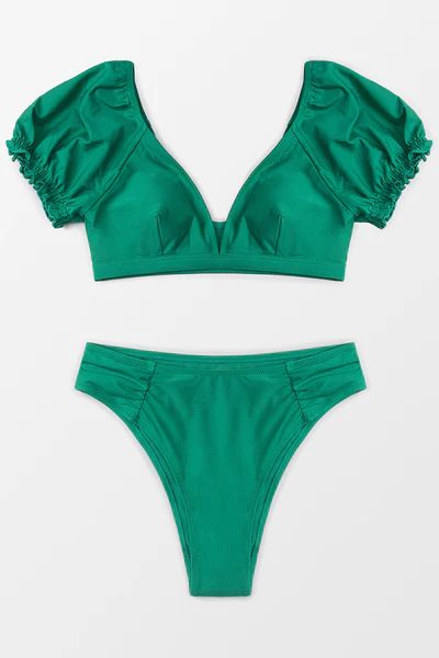 Puffed Sleeve V-Neck Bikini | Cupshe