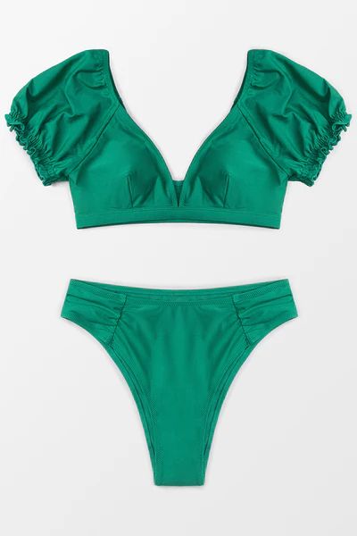 Puffed Sleeve V-Neck Bikini | Cupshe