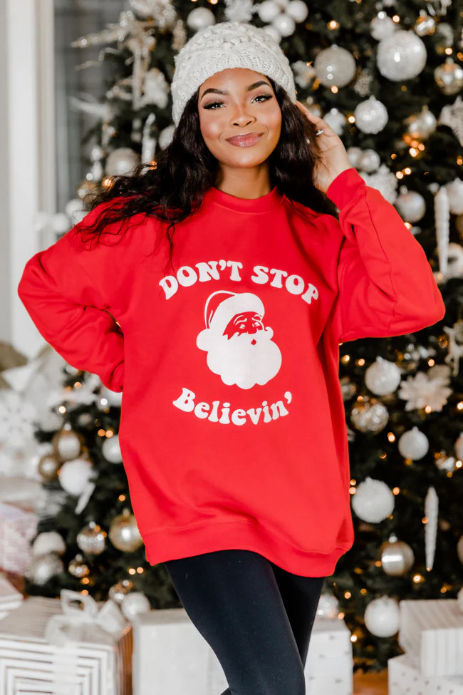 Don’t Stop Believin Red Oversized Graphic Sweatshirt | Pink Lily
