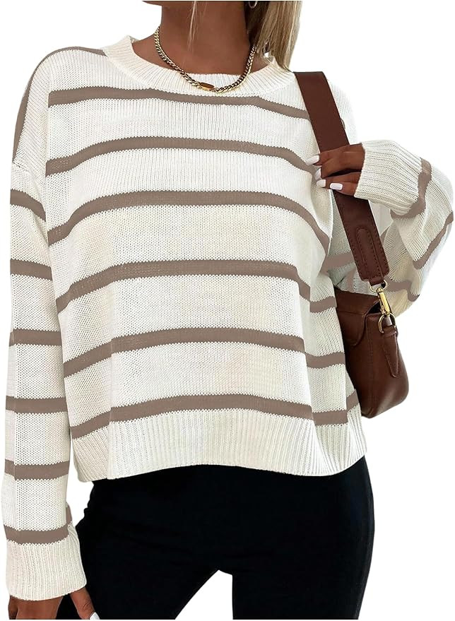GORGLITTER Women's Striped Drop Shoulder Sweater Oversized Crew Neck Knit Sweaters Pullover Top | Amazon (US)