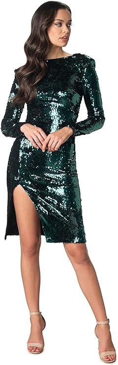 Dress the Population Women's Natalie Long Sleeve Round Neck Front Side Slit Bodycon Midi Dress | Amazon (US)