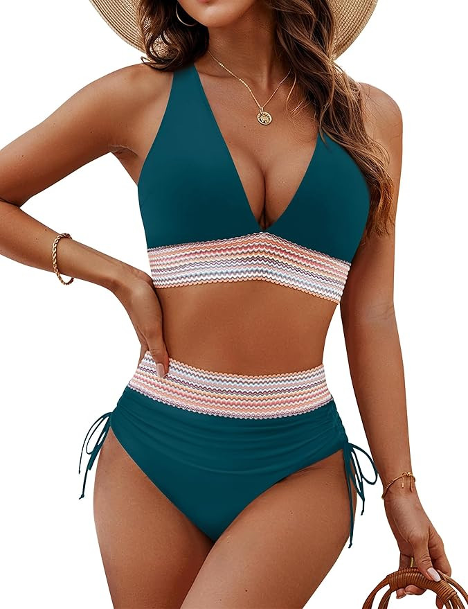 Blooming Jelly Womens High Waisted Bikini Sets Color Block Tummy Control Swimsuits Drawstring Two... | Amazon (US)