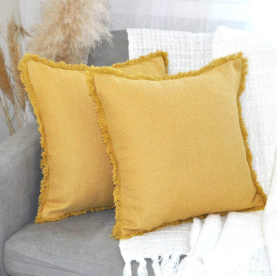 Amazon.com: Farmhouse Pillow Covers with Fringes 18x18 Inches Mustard Yellow (Pack of 2), Accent ... | Amazon (US)